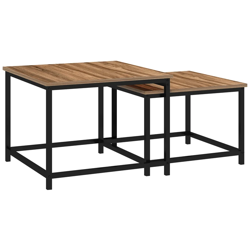 Conjunto de 2 mesas auxiliares, Design Industrial, Estrutura em aço preto, Tampo com aspeto de madeira