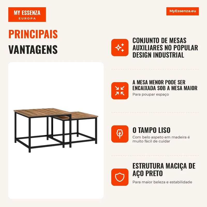 Conjunto de 2 mesas auxiliares, Design Industrial, Estrutura em aço preto, Tampo com aspeto de madeira