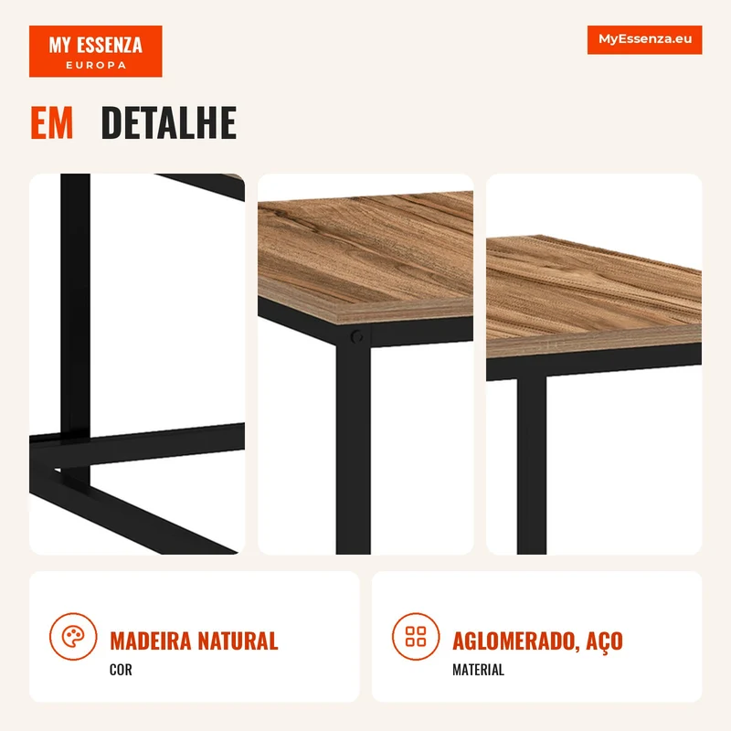 Conjunto de 2 mesas auxiliares, Design Industrial, Estrutura em aço preto, Tampo com aspeto de madeira