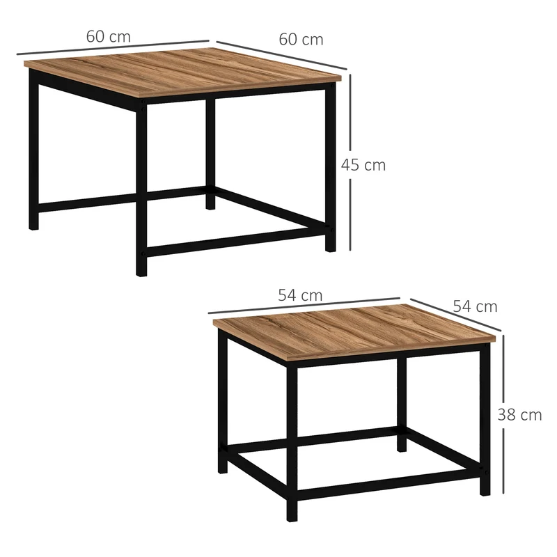 Conjunto de 2 mesas auxiliares, Design Industrial, Estrutura em aço preto, Tampo com aspeto de madeira