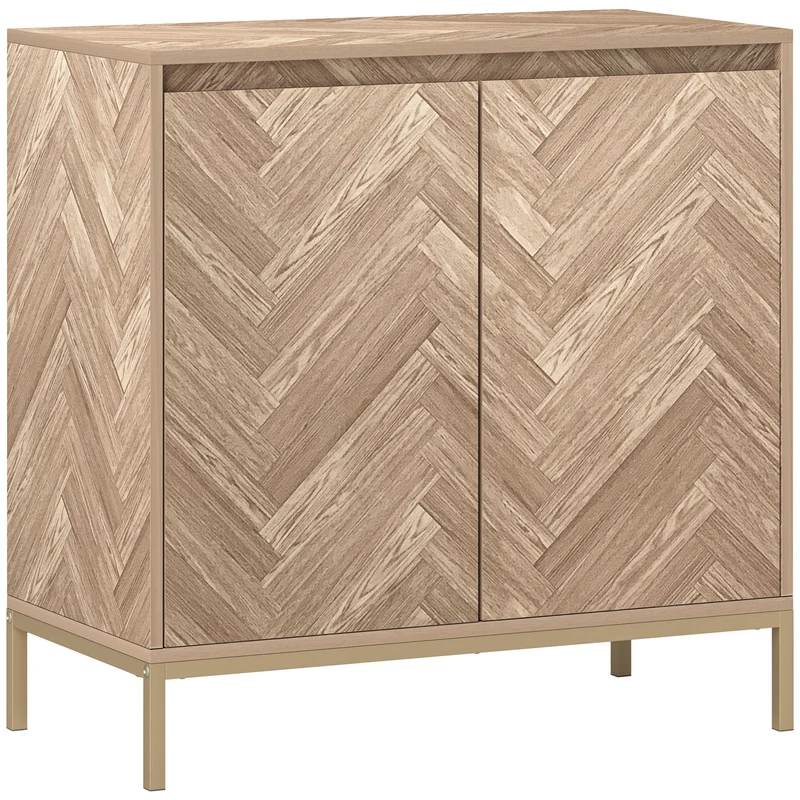Móvel buffet de arrumação com 2 portas em espinha de peixe, prateleira ajustável e pés em aço, dim. 78 x 40 x 78 cm, carvalho