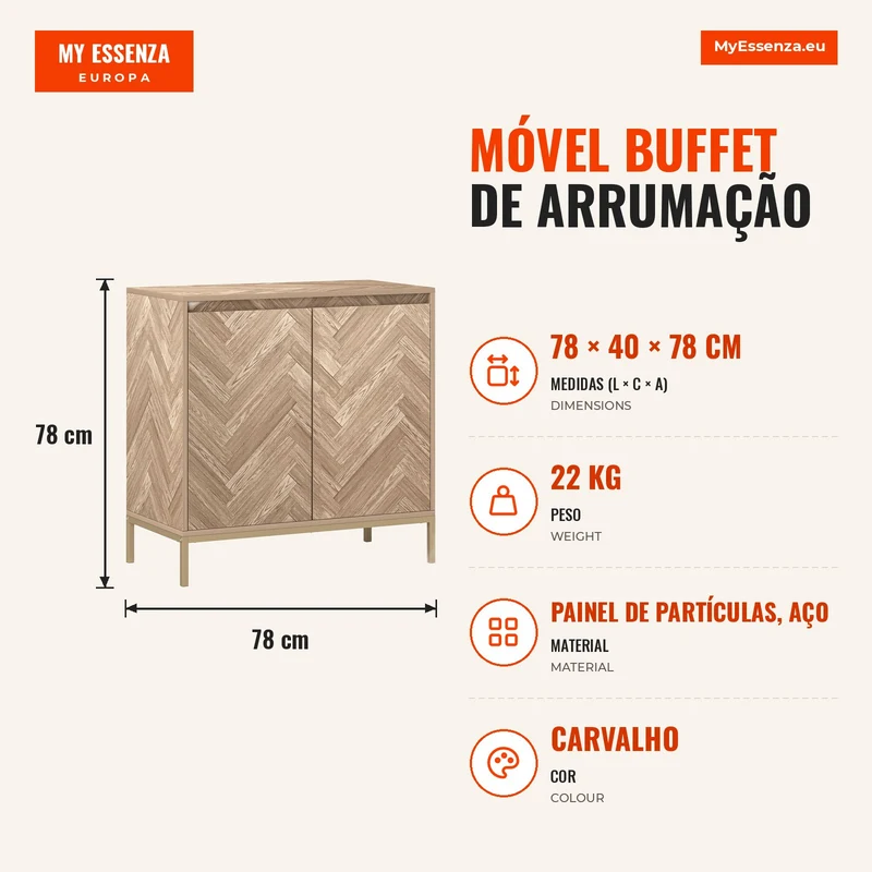 Móvel buffet de arrumação com 2 portas em espinha de peixe, prateleira ajustável e pés em aço, dim. 78 x 40 x 78 cm, carvalho