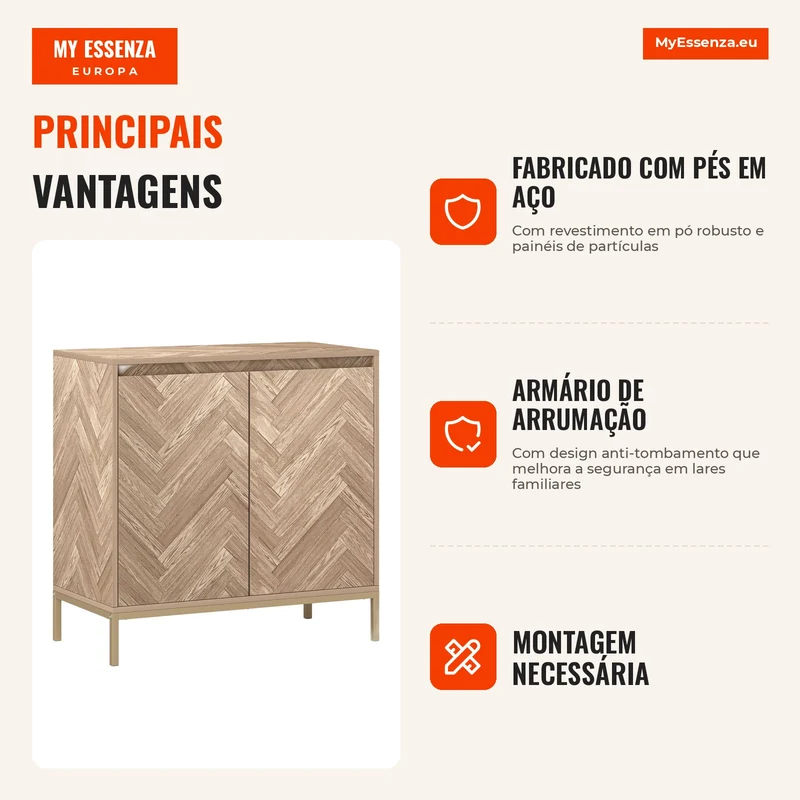 Móvel buffet de arrumação com 2 portas em espinha de peixe, prateleira ajustável e pés em aço, dim. 78 x 40 x 78 cm, carvalho
