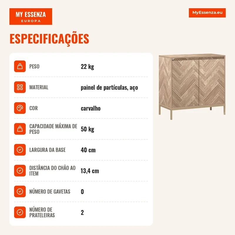 Móvel buffet de arrumação com 2 portas em espinha de peixe, prateleira ajustável e pés em aço, dim. 78 x 40 x 78 cm, carvalho