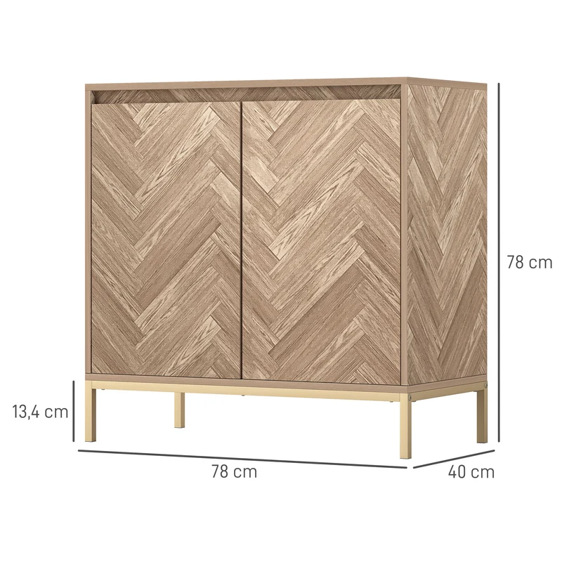 Móvel buffet de arrumação com 2 portas em espinha de peixe, prateleira ajustável e pés em aço, dim. 78 x 40 x 78 cm, carvalho