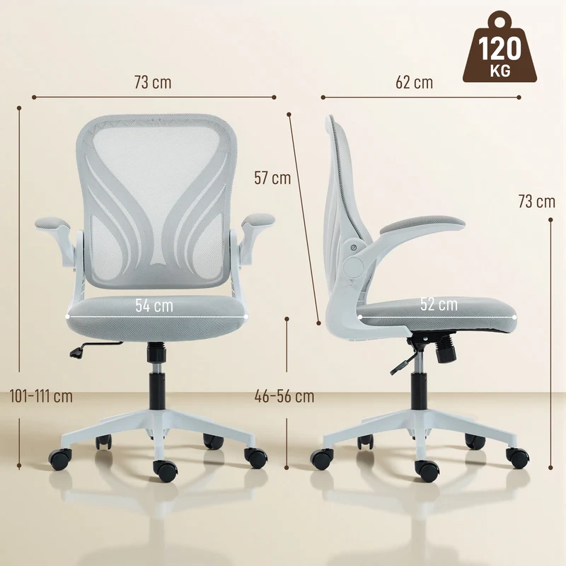 Cadeira de Escritório Ergonômica Cadeira de Malha Encosto Rebatível Braços Rebatíveis 73x62x101-111 cm Cinza