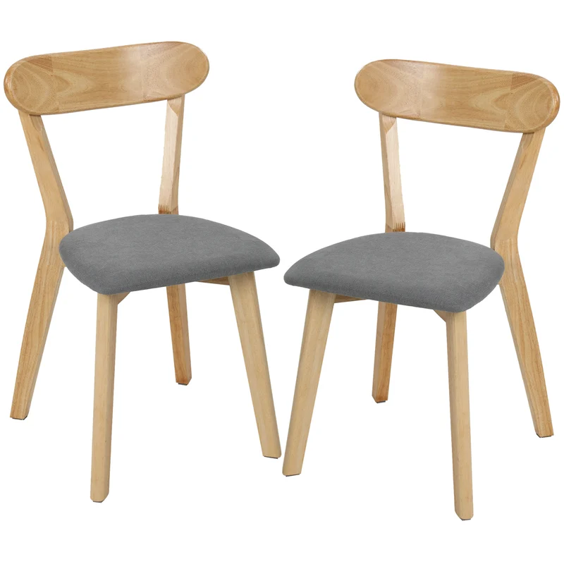 Conjunto de 2 Cadeiras de Jantar Cadeiras de Cozinha Assentos Estofados em Linho Encosto Curvo Cinza e Madeira Natural