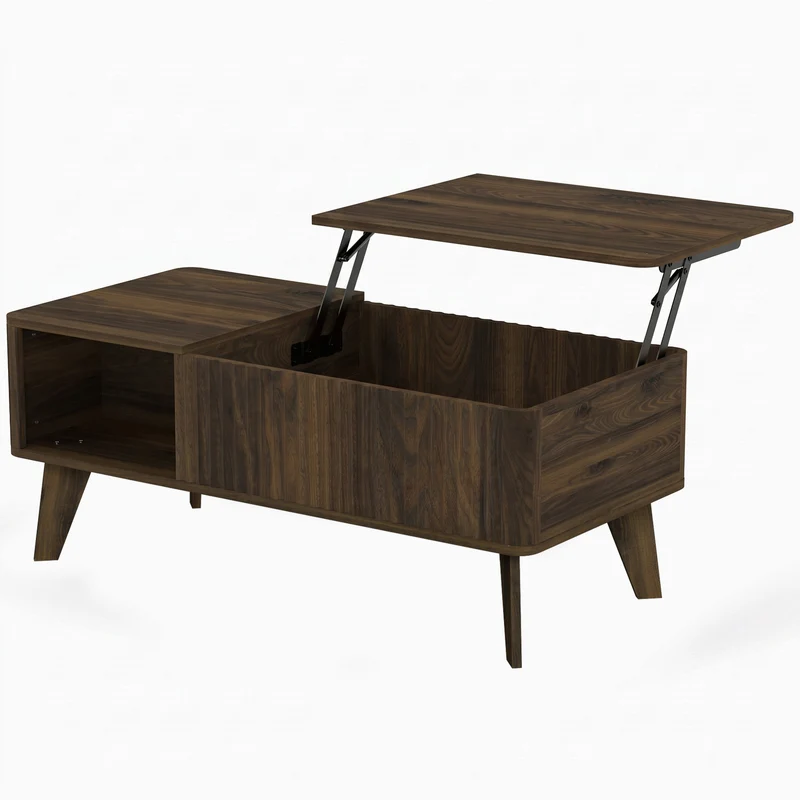 Mesa de Centro Elevatória com Compartimento Oculto e Prateleiras Abertas, 100x48x41-56 cm, Nogueira
