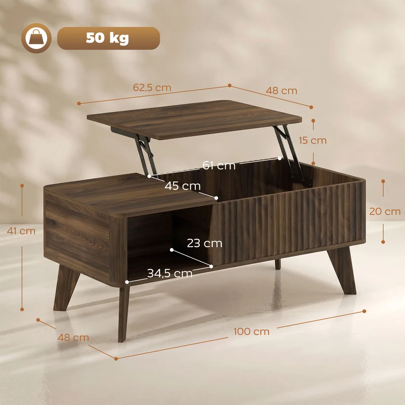 Mesa de Centro Elevatória com Compartimento Oculto e Prateleiras Abertas, 100x48x41-56 cm, Nogueira