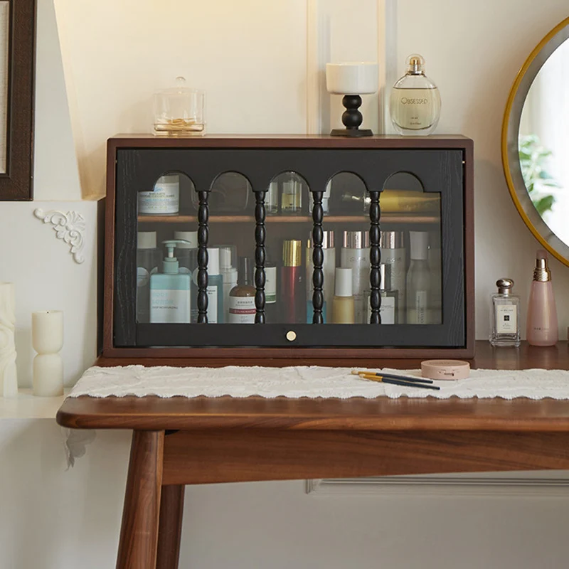 Traditional French Trapezoidal Ash Wood Glass Flip Cover Design Desk Storage Cabinet 2-Layer For Bedroom