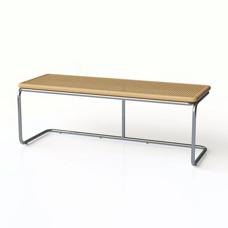 Contemporary Industrial Rectangular Rubberwood Stainless Steel Rattan Weaving Lightweight Bench Backless Armless For Hallway & Entryway