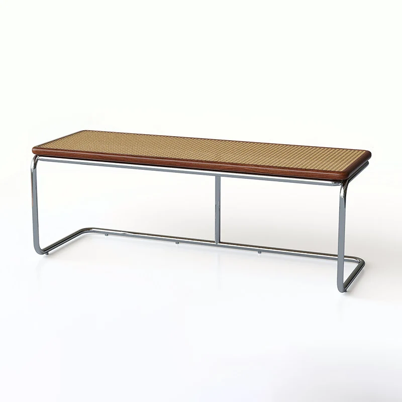 Contemporary Industrial Rectangular Rubberwood Stainless Steel Rattan Weaving Lightweight Bench Backless Armless For Hallway & Entryway
