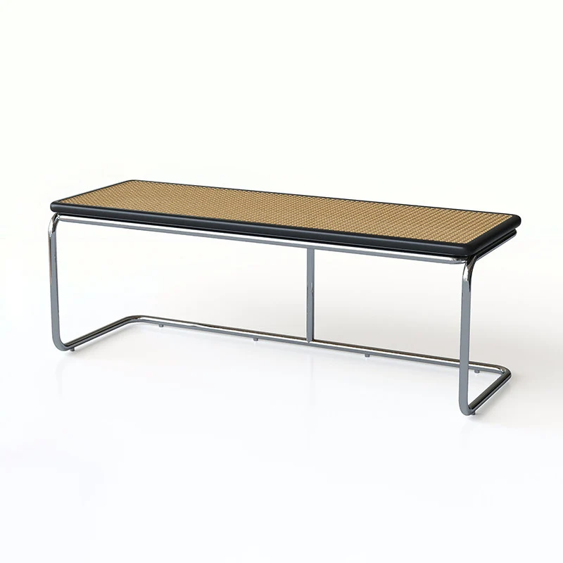 Contemporary Industrial Rectangular Rubberwood Stainless Steel Rattan Weaving Lightweight Bench Backless Armless For Hallway & Entryway