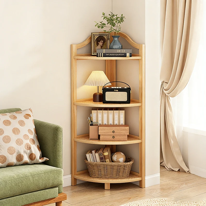 Modern Minimalist Bamboo Fan-Shaped Right-Angle Corner Shelf Unit 3/4/5/6 Tier For Living Room
