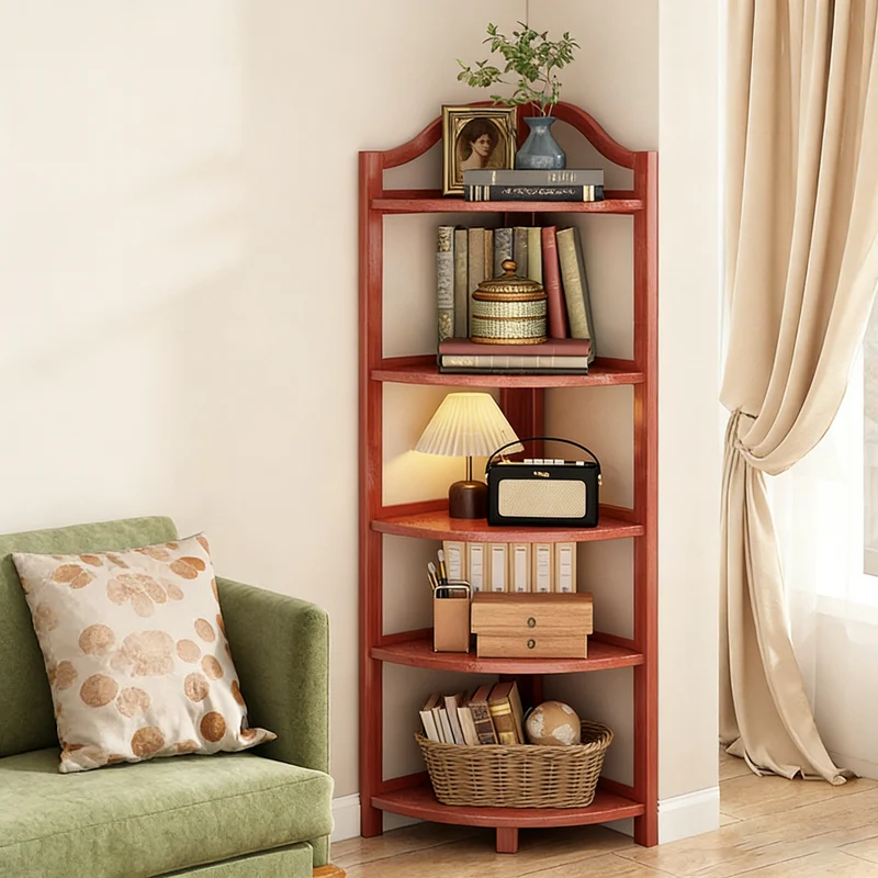 Modern Minimalist Bamboo Fan-Shaped Right-Angle Corner Shelf Unit 3/4/5/6 Tier For Living Room