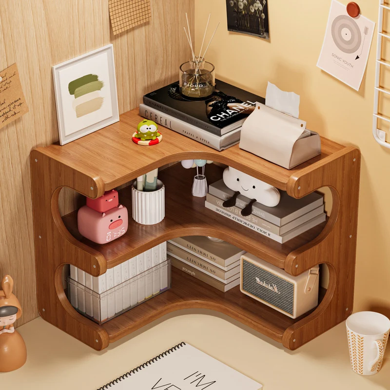 Traditional Vintage Bamboo MDF Right Angle Curved Storage Shelf 2/3-Tiers For Living Room