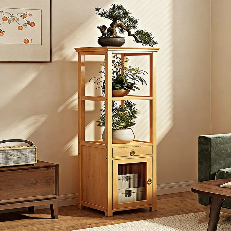 Traditional Chinese Square Nan Bamboo Iron Acrylic Display Rack 1/2/3/4-Tier For Living Room