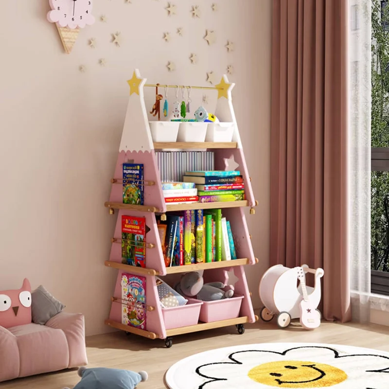Contemporary Creative Triangle Christmas Tree-Shaped Red Oak Solid Wood ABS Christmas Bookshelf 4-Tier For Bedroom & Living Room
