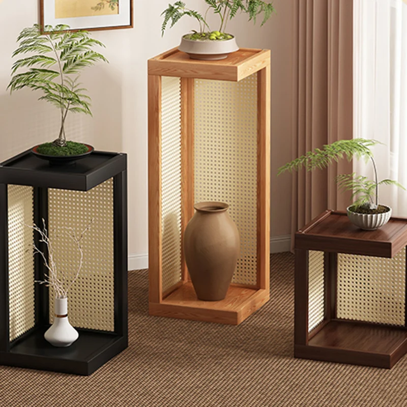 Traditional Rustic Rubberwood Plastic Rattan Weaving Rectangular Floor-Standing Storage Display Rack 2-Tier For Living Room
