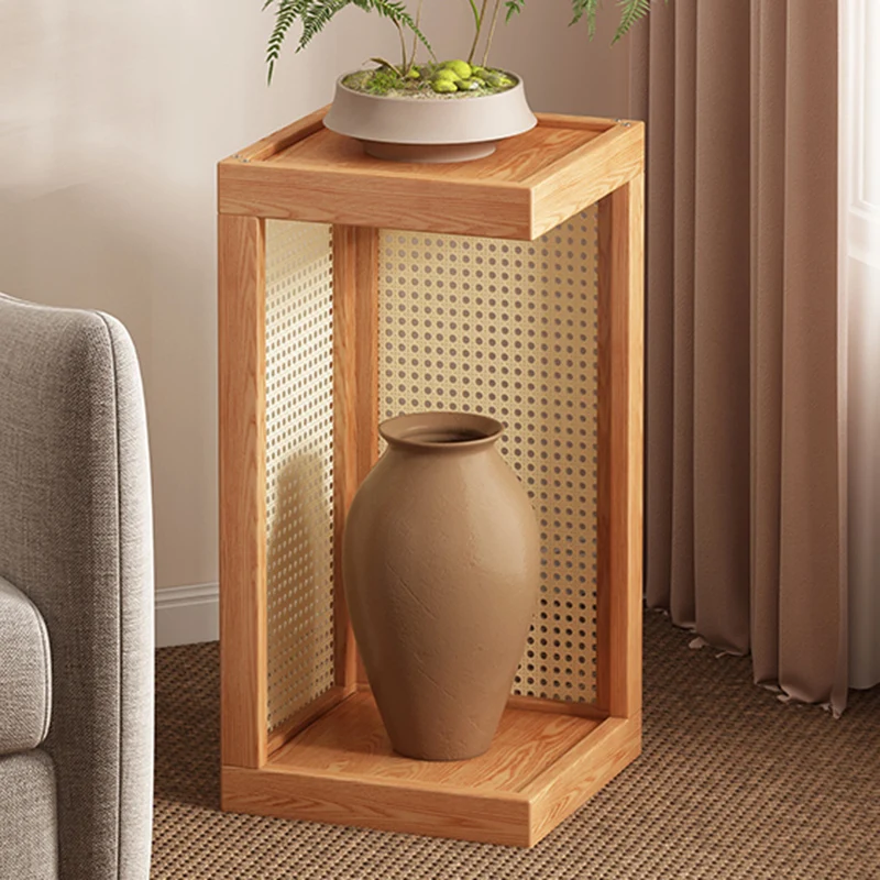Traditional Rustic Rubberwood Plastic Rattan Weaving Rectangular Floor-Standing Storage Display Rack 2-Tier For Living Room