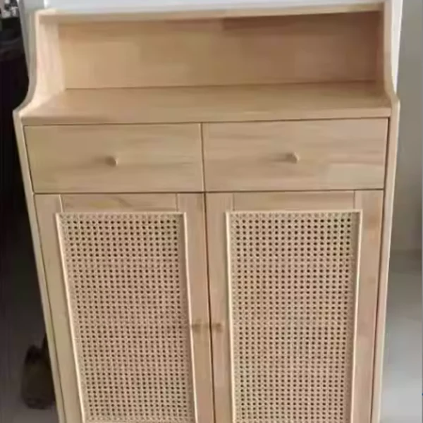 Traditional Chinese Rubberwood Rattan Rectangular Openwork Storage Cabinet With 2 Drawers For Living Room