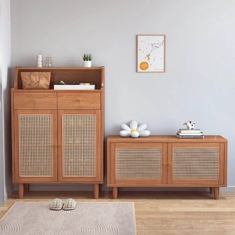 Traditional Chinese Rubberwood Rattan Rectangular Openwork Storage Cabinet With 2 Drawers For Living Room