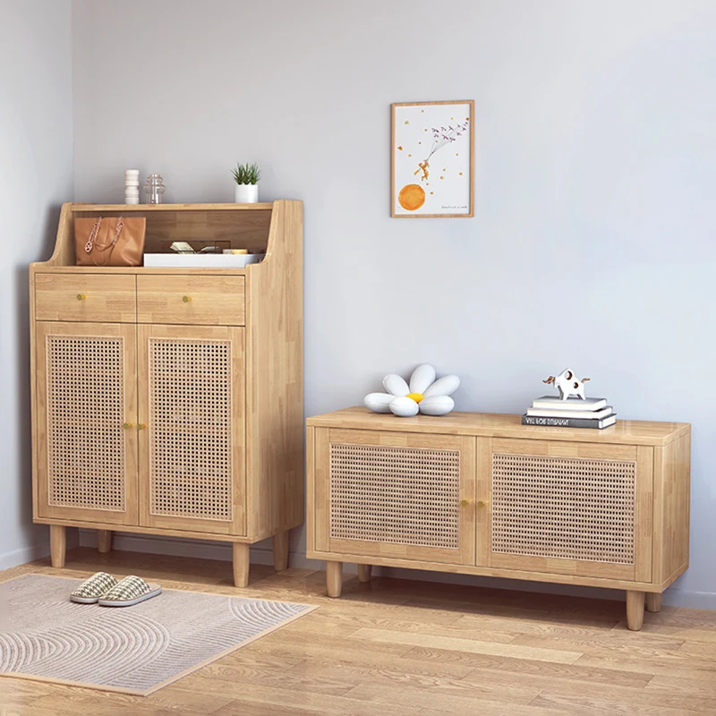 Traditional Chinese Rubberwood Rattan Rectangular Openwork Storage Cabinet With 2 Drawers For Living Room