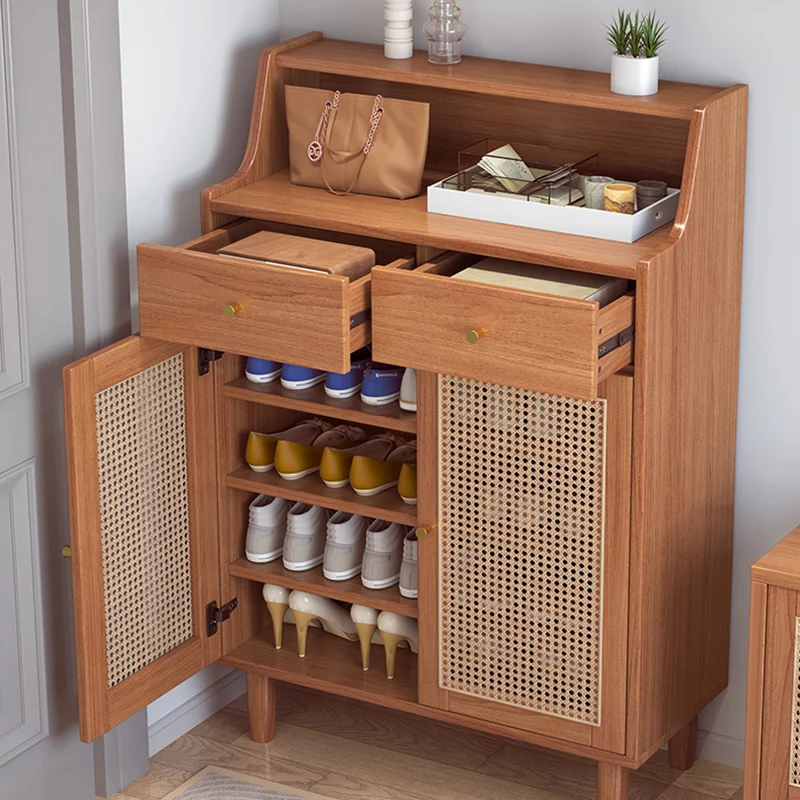 Traditional Chinese Rubberwood Rattan Rectangular Openwork Storage Cabinet With 2 Drawers For Living Room