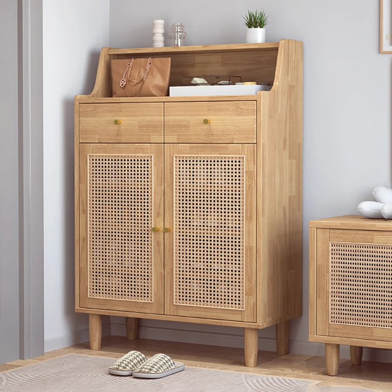 Traditional Chinese Rubberwood Rattan Rectangular Openwork Storage Cabinet With 2 Drawers For Living Room
