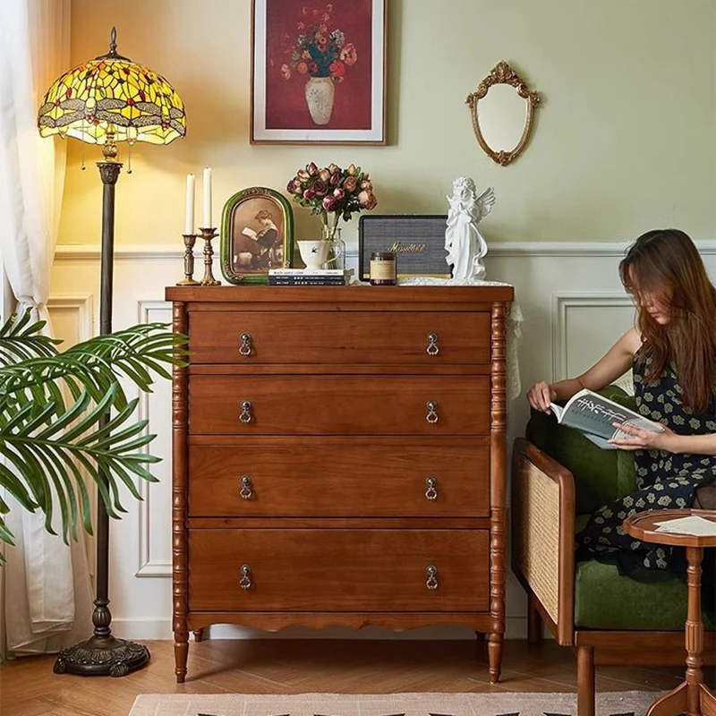 Traditional French Ash Wood Round Rectangular Storage Cabinet 4 Drawers For Living Room