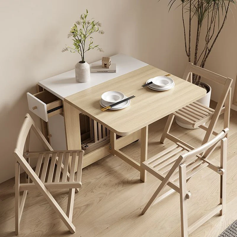 Contemporary Scandinavian Rectangular Rubberwood Medium-Density Fiberboard Foldable Desk & Chair Set 1-Drawer For Living Room & Dining Room