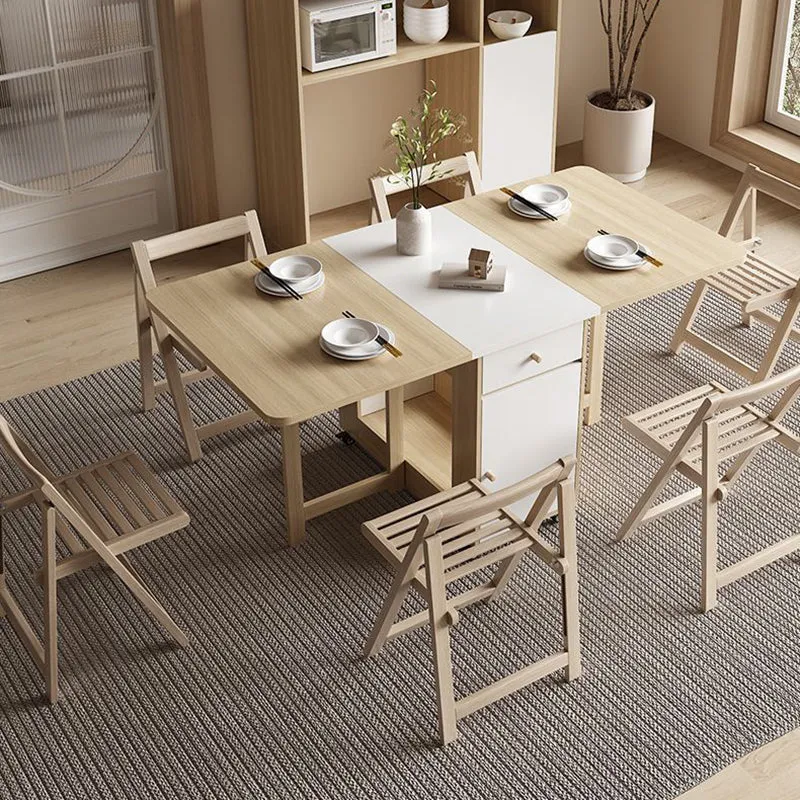 Contemporary Scandinavian Rectangular Rubberwood Medium-Density Fiberboard Foldable Desk & Chair Set 1-Drawer For Living Room & Dining Room