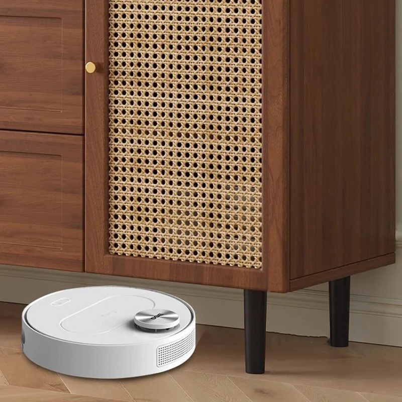 Traditional French Engineered Wood Glass Rattan Rectangular Cylindrical Storage Cabinet 2-Tier For Living Room