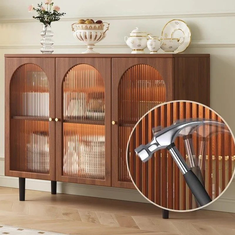 Traditional French Engineered Wood Glass Rattan Rectangular Cylindrical Storage Cabinet 2-Tier For Living Room