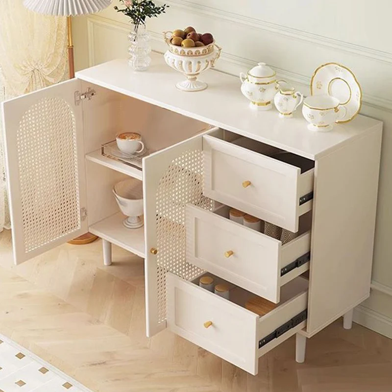 Traditional French Engineered Wood Glass Rattan Rectangular Cylindrical Storage Cabinet 2-Tier For Living Room