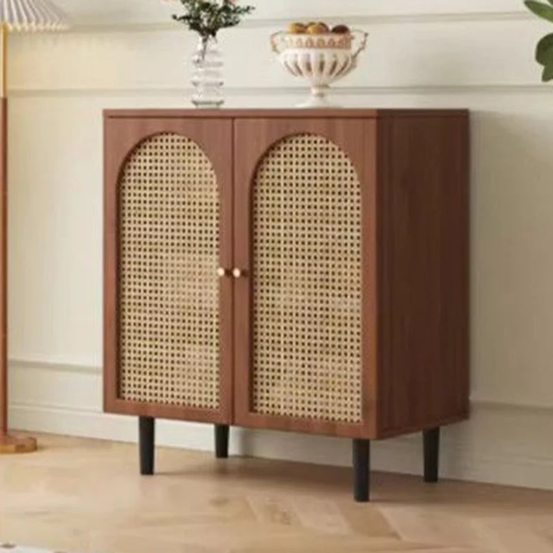 Traditional French Engineered Wood Glass Rattan Rectangular Cylindrical Storage Cabinet 2-Tier For Living Room