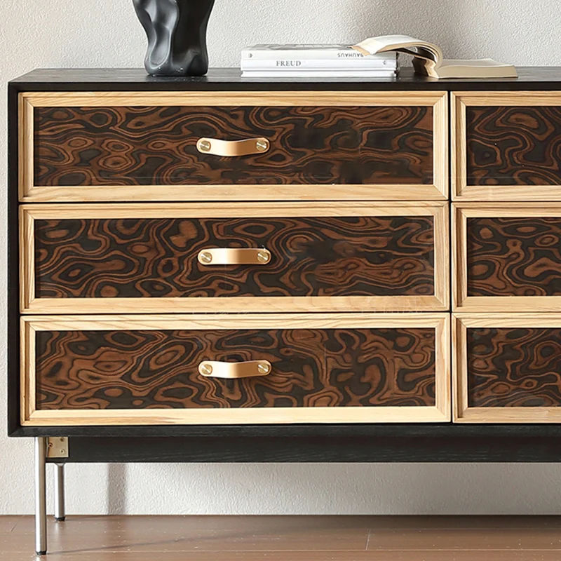 Traditional French Multi-layer Solid Wood Stainless Steel Rectangular Storage Cabinet 6-Drawer For Living Room