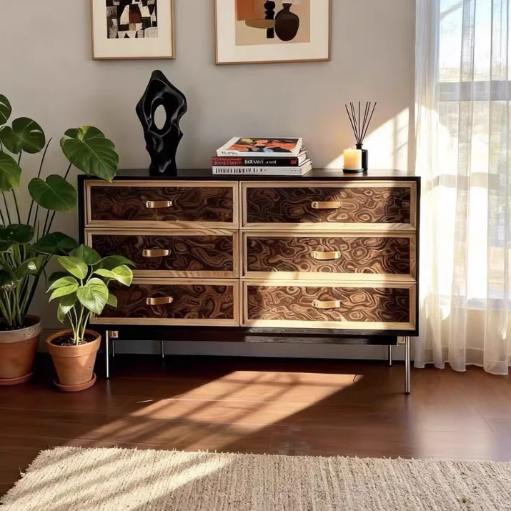 Traditional French Multi-layer Solid Wood Stainless Steel Rectangular Storage Cabinet 6-Drawer For Living Room