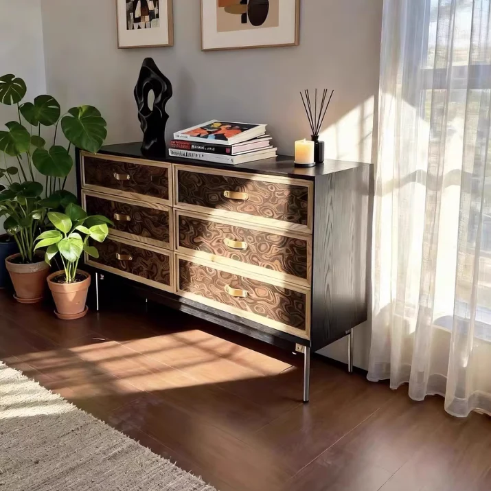 Traditional French Multi-layer Solid Wood Stainless Steel Rectangular Storage Cabinet 6-Drawer For Living Room