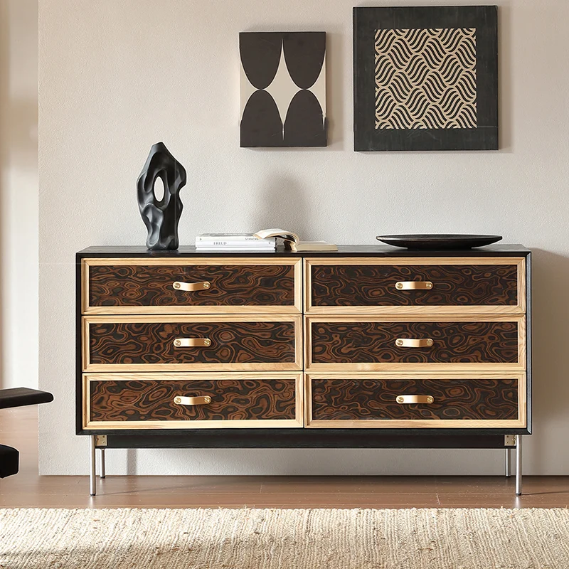 Traditional French Multi-layer Solid Wood Stainless Steel Rectangular Storage Cabinet 6-Drawer For Living Room