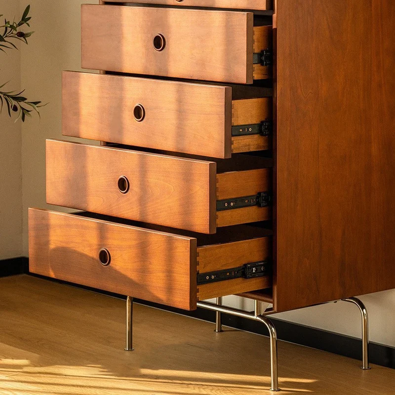 Traditional Vintage Rectangular Pine & Cherry Wood Solid Wood Multi-Layer Board Stainless Steel Storage Cabinet 5-Drawer For Living Room