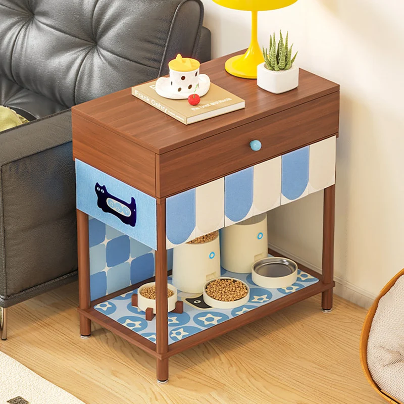 Contemporary Creative Rectangular Cat Pattern Particle Board Fabric Ceramic PU Leather Height-Adjustable Pet Storage Cabinet With 1 Drawer For Living Room