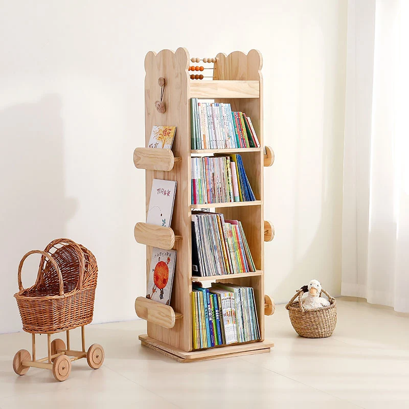 Modern Minimalist Rectangular Solid Wood Bookshelves 3/4-Tier Rotatable For Living Room