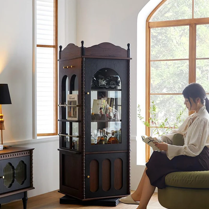 Traditional Vintage Rectangular Solid Wood Multi-Layer Panel Glass Bookshelves 3-Tier 1-Cabinet Rotatable For Living Room