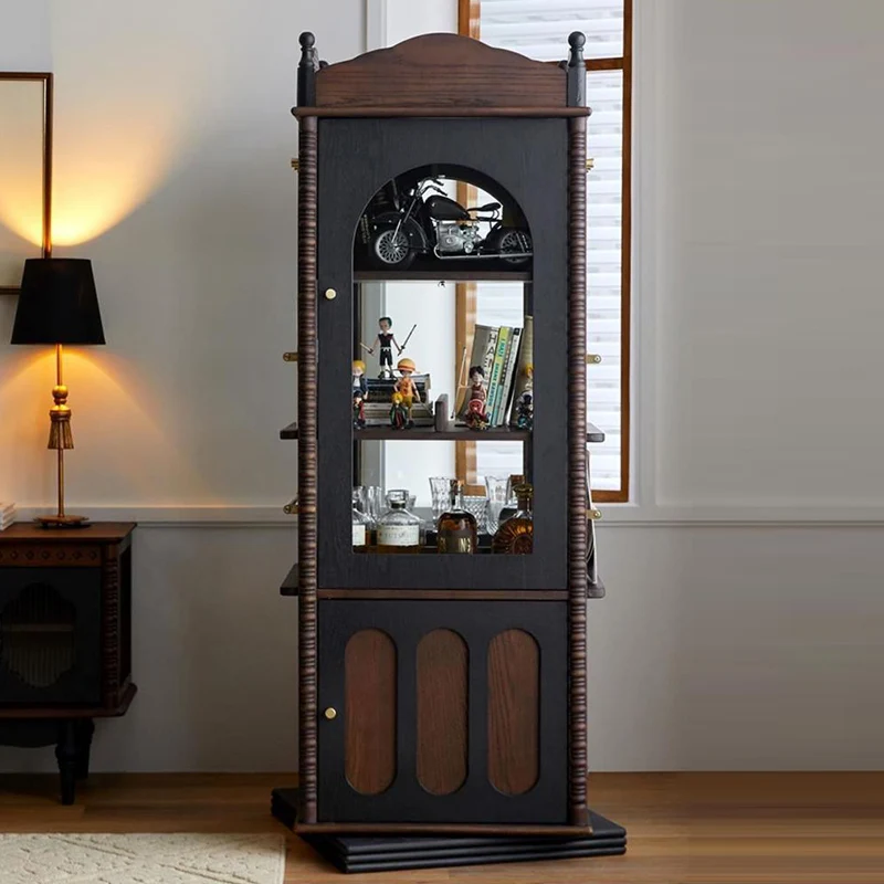 Traditional Vintage Rectangular Solid Wood Multi-Layer Panel Glass Bookshelves 3-Tier 1-Cabinet Rotatable For Living Room