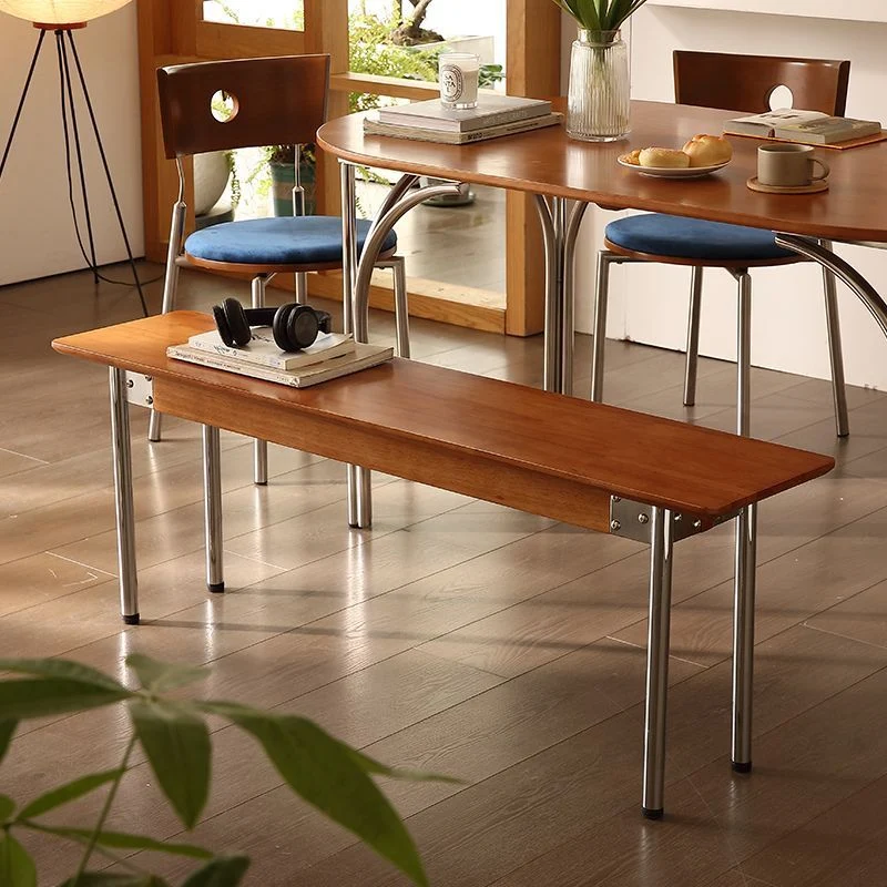 Traditional Vintage Rectangular Rubberwood Stainless Steel Bench Backless Armless For Hallway & Entryway