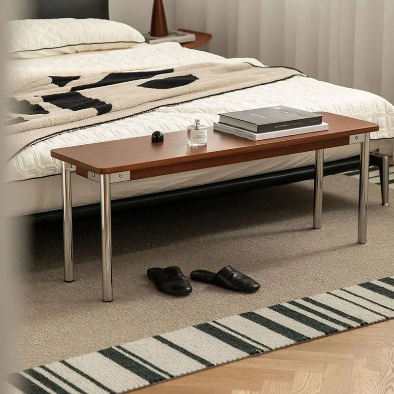 Traditional Vintage Rectangular Rubberwood Stainless Steel Bench Backless Armless For Hallway & Entryway