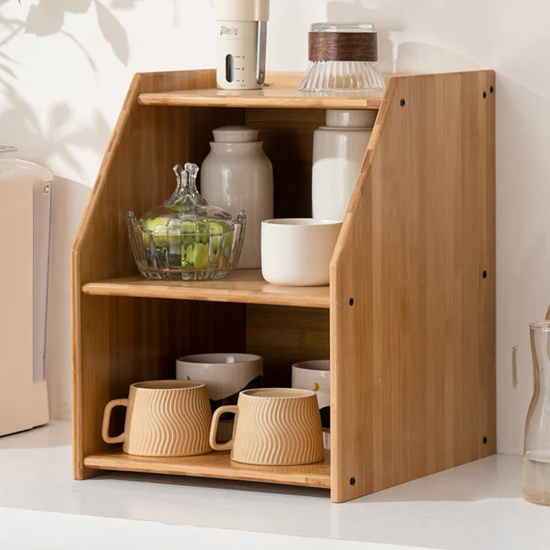 Traditional Vintage Bamboo Rattan Rounded Trapezoid Storage Shelf 2/3-Tier For Living Room