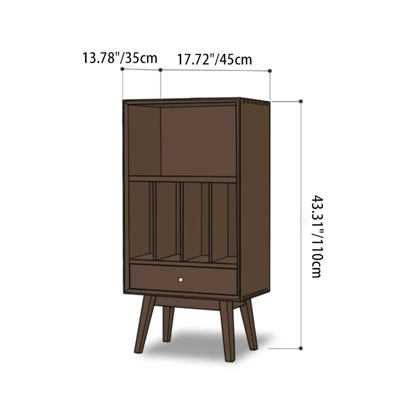 Traditional Japanese Pine Wood Cylindrical Rectangular Storage Shelf With Drawer For Living Room