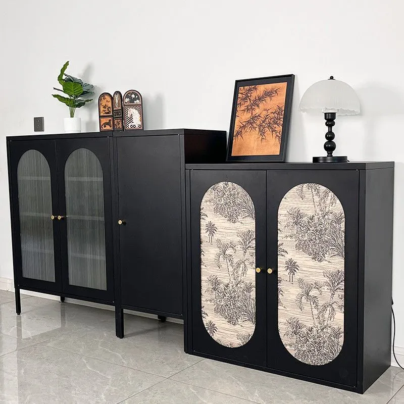 Traditional Chinese PC Sun Panel Cold Rolled Steel Arched Textured Rectangular Storage Cabinet 3-Tier For Living Room